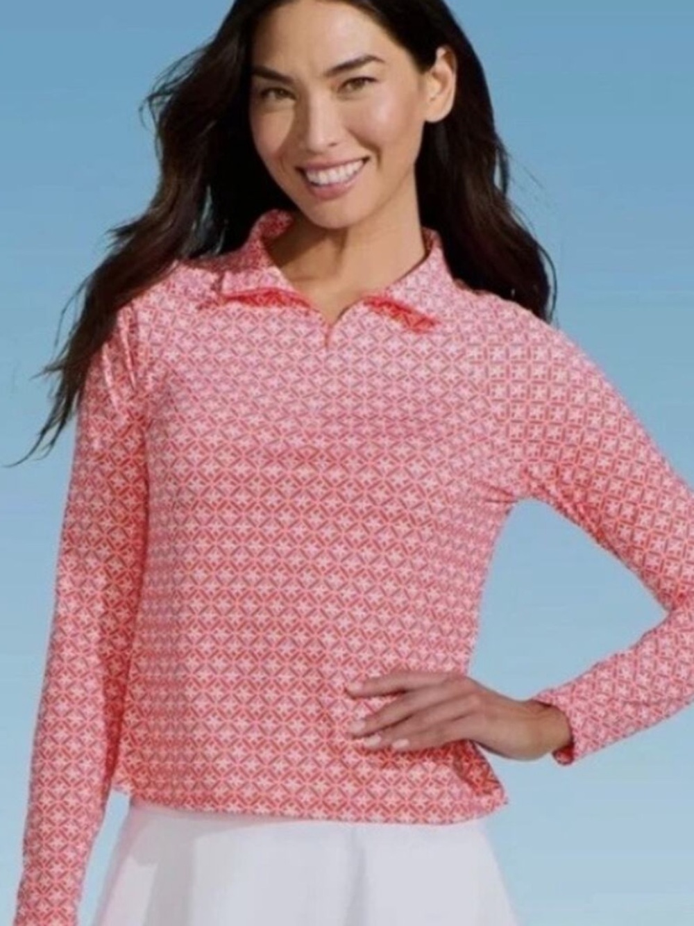 Lands' End Pink Geometric Long-Sleeve Sun Protection Top, Size XS, NWT